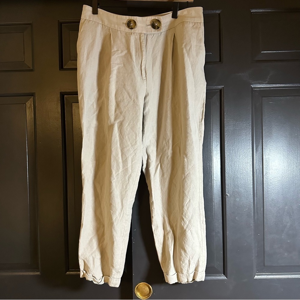 Calvin Klein Size 12 Linen Blend Cuffed Beige Crop Pants(b4